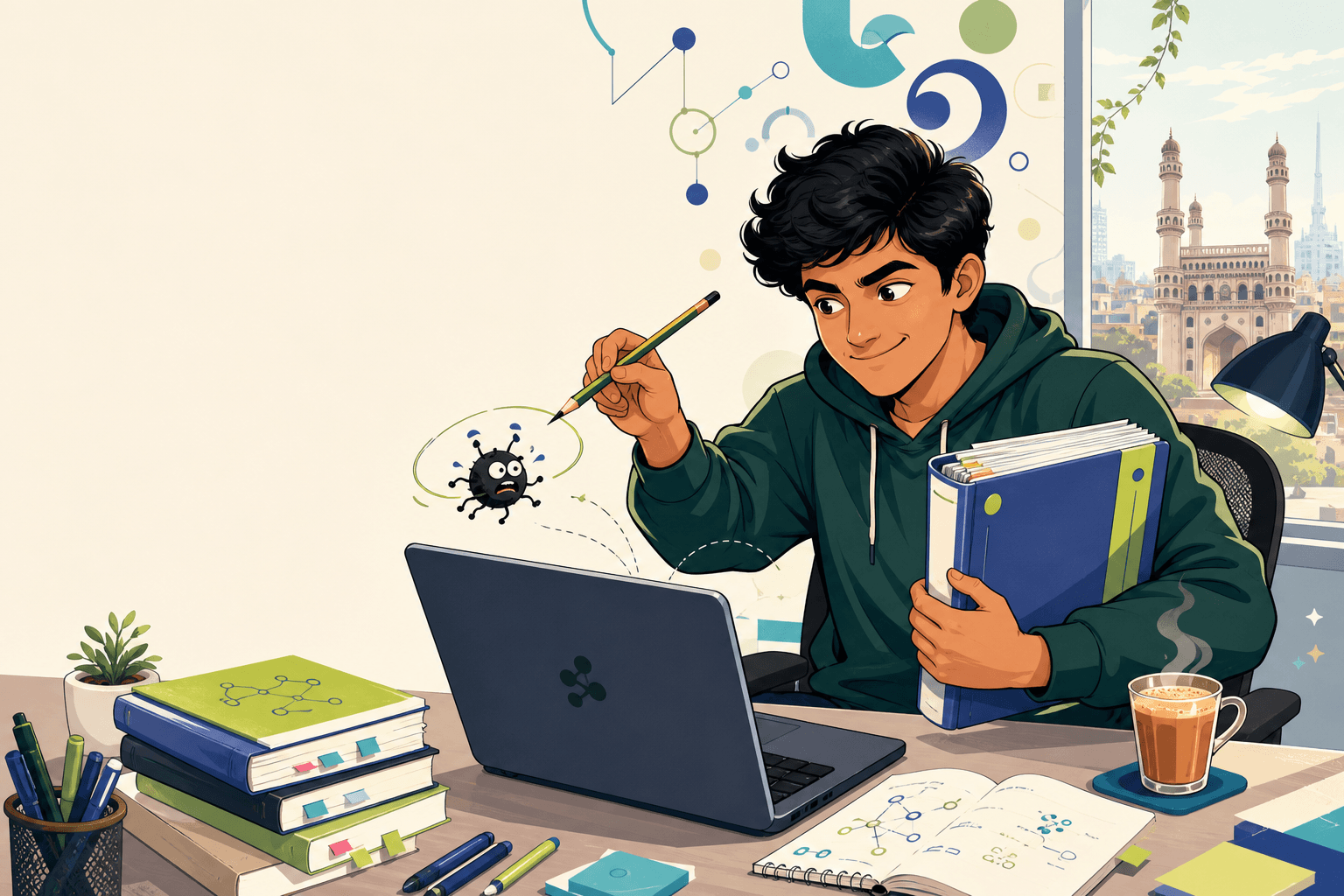 A Telugu engineering student playfully catching a software bug while studying in Hyderabad